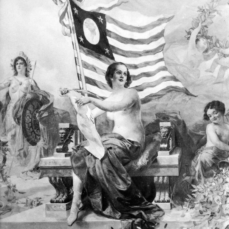 Ilustração com mulher segurando a bandeira do Estado de São Paulo