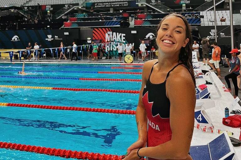 A nadadora canadense Mary-Sophie Harvey, 22, durante o Mundial de Natação em Budapeste, na Hungria