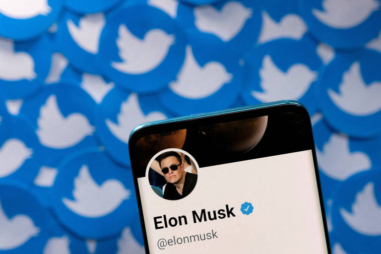 Foto do perfil de Elon Musk no Twitter. Ao fundo, repetição da logo da rede social.