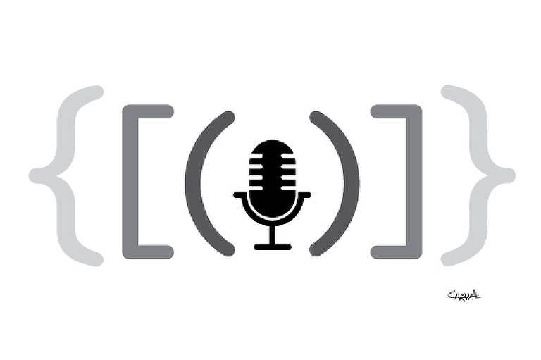 Ilustração mostra microfone preto entre parênteses, colchetes e chaves