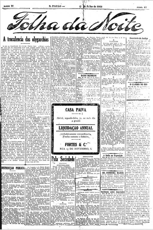 Primeira Página da Folha da Noite de 29 de julho de 1922