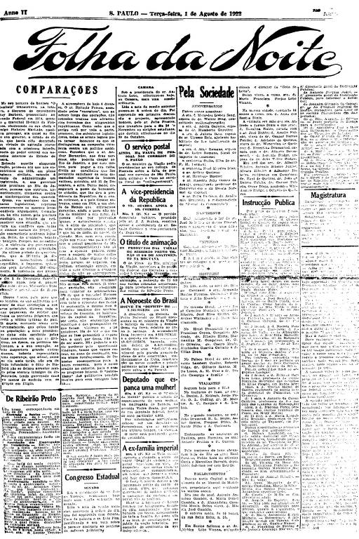 Primeira Página da Folha da Noite de 1º de agosto de 1922