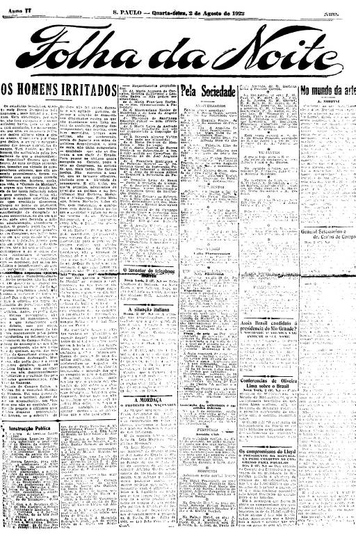 Primeira Página da Folha da Noite de 2 de agosto de 1922