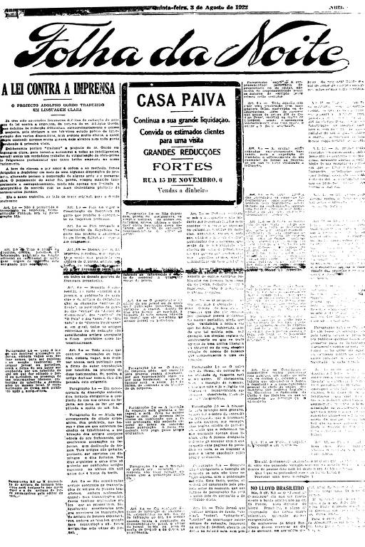 Primeira Página da Folha da Noite de 3 de agosto de 1922