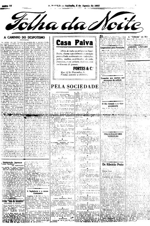 Primeira Página da Folha da Noite de 5 de agosto de 1922