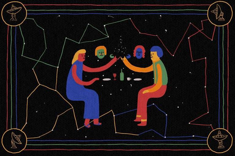 Arte ilustra pessoas sentadas num ambiente espacial brindando em meio a garrafas e louças; a moldura da ilustração traz telescópios nas quatro pontas.