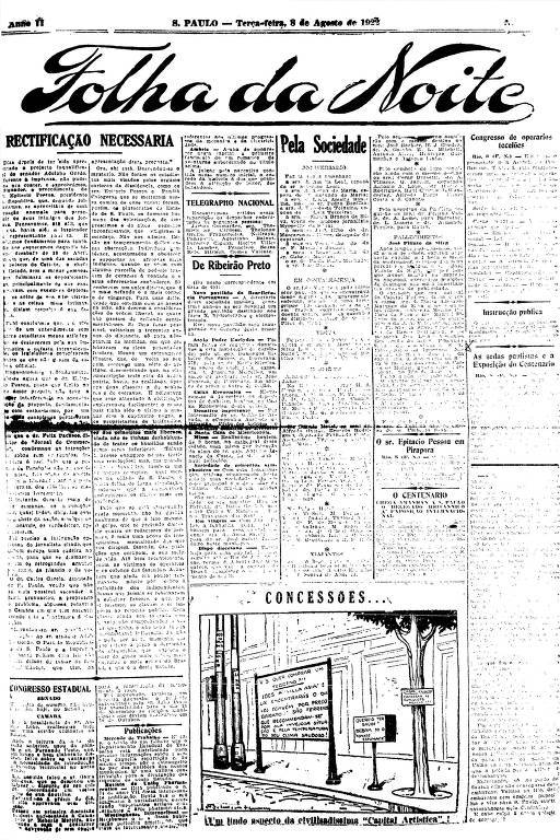 Primeira Página da Folha da Noite de 8 de agosto de 1922