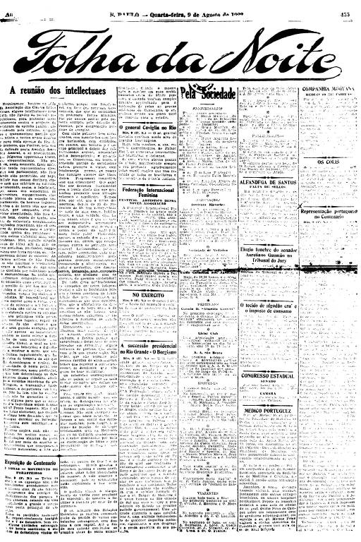 Primeira Página da Folha da Noite de 9 de agosto de 1922