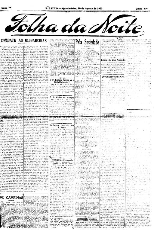 Primeira Página da Folha da Noite de 10 de agosto de 1922
