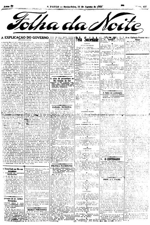 Primeira Página da Folha da Noite de 11 de agosto de 1922