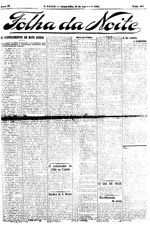 Primeira Página da Folha da Noite de 15 de agosto de 1922