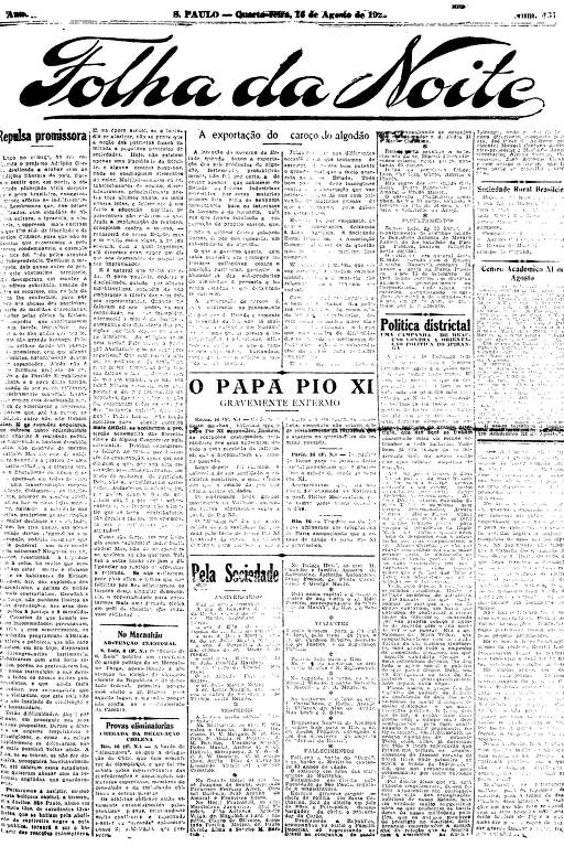 Primeira Página da Folha da Noite de 16 de agosto de 1922