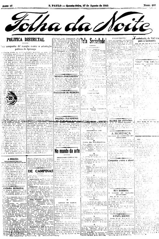Primeira Página da Folha da Noite de 17 de agosto de 1922