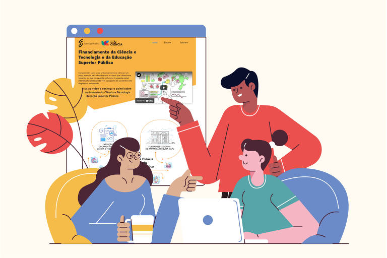 Ilustração com três pessoas conversando e acessando um painel disponível em uma plataforma online. As informações são referente ao painel do SoU_Ciência: Financiamento da Ciência e Tecnologia e da Educação Superior Pública.