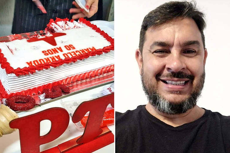 O guarda municipal  Marcelo de Arruda e o bolo de sua festa de 50 anos com decoração do PT
