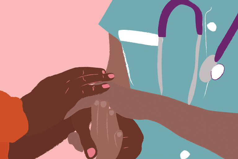 Na ilustração de fundo rosa, aparecem duas mãos, negras, com unhas cor de rosa e manga de blusa cor laranja, se entrelaçando às mãos de uma enfermeira, de pele negra clara. Parte do busto da enfermeira aparece e ela usa um uniforme verde-água e um estetoscópio pendurado no pescoço.