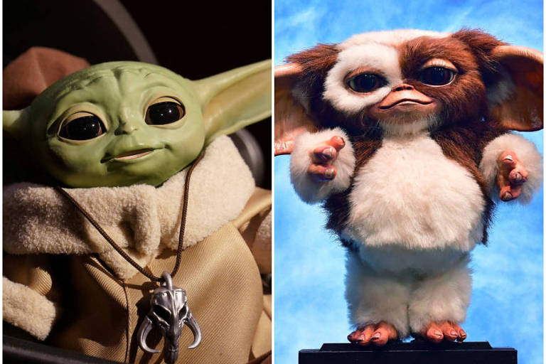 Dois personagens de filmes, Baby Yoda e Gremlin