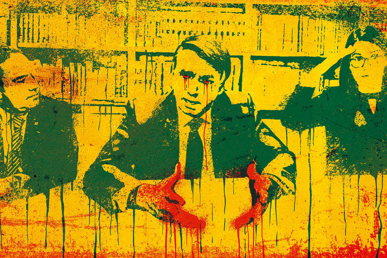 Ilustração mostra o desenho de Jair Bolsonaro, acompanhado de duas pessoas, falando em uma de suas lives transmitidas pela internet. O desenho é da cor verde com fundo amarelo. As mãos do Jair estão manchadas de vermelho.