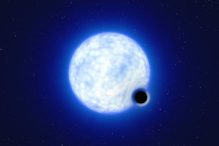 Impressão artística divulgada pelo Observatório Europeu Austral (ESO) mostra o sistema binário composto por uma estrela azul com 25 vezes o tamanho do Sol e um buraco negro