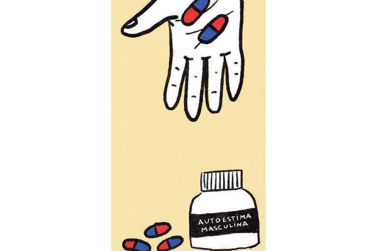 Na parte superior, mão segurando 2 pílulas nas cores vermelho e azul. na parte inferior, um pote de medicamento escrito na tarja preta autoestima masculina com comprimidos ao lado nas cores azul e vermelha.