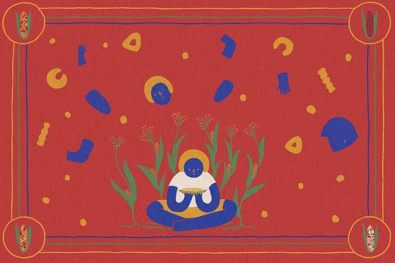Arte ilustra uma pessoa sentada com as pernas entrelaçadas segurando um prato de comida e rodeada por elementos que remetem a partes do corpo e alimentos, sobre um fundo vermelho; em volta, a moldura traz milhos em cada ponta.