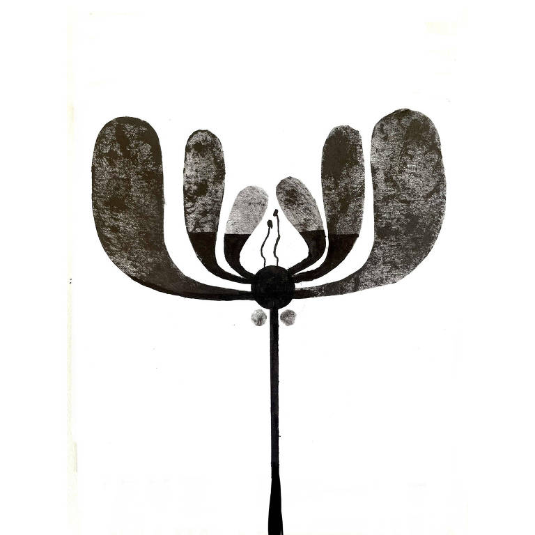 Ilustração de uma flor estilizada preta com 6 pétalas alongadas, centro circular com 2 estames e caule fino e longo. O fundo é todo branco.