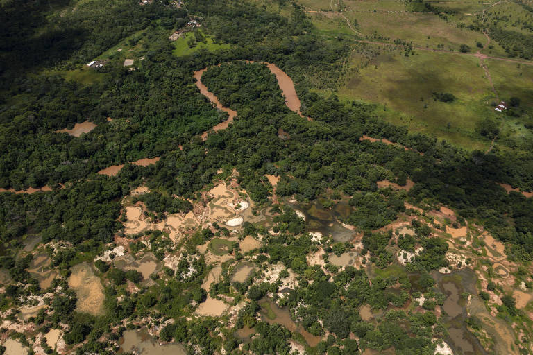 foto aérea de área verde com trechos de garimpo ilegal