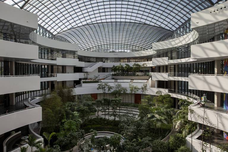 Imagem interna de novo prédio do Einstein, mostrando bosque no térreo, terraços em cinco andares e teto de vidro composto por quase 2.000 placas