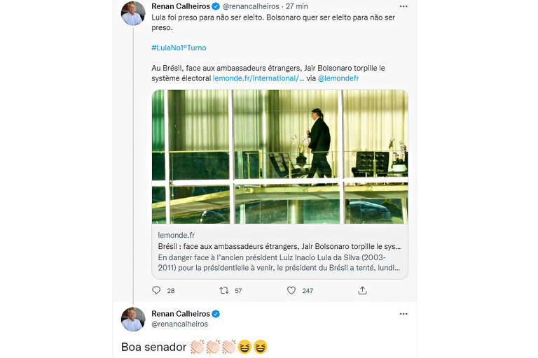 Renan Calheiros comete gafe e responde a próprio post: 'Boa senador'