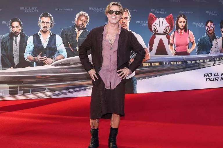 Brad Pitt usa saia no lançamento de 'Trem-Bala', seu novo filme, em Berlim