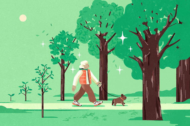 Ilustração de uma idosa caminhando com seu cachorrinho. Há árvores e o chão, o céu e o pomar das árvores são verdes, enquanto o tronco marrom.