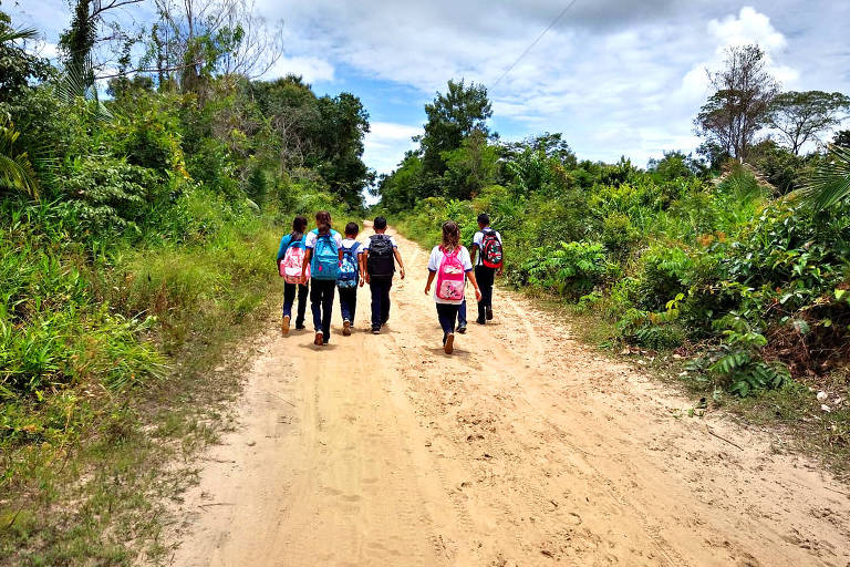 seis crianças de costas com mochila andando em estrada de terra
