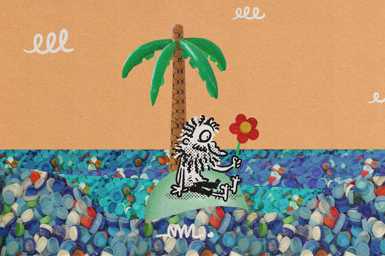 Na ilustração de Marcelo Martinez, um oceano de tampinhas de garrafa PET circunda uma pequena ilha inflável. Na ilha há um náufrago. Ele olha, feliz, para a flor de tampinhas de plástico reciclado que acabou de fazer.