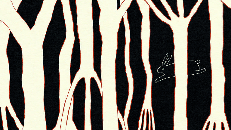 A ilustração digital apresenta silhuetas de troncos de árvores preenchidas de bege, com contorno de linhas vermelhas, sobre um fundo negro. Desenhado apenas com linhas, um coelho de olho vermelho salta por trás de uma das árvores.