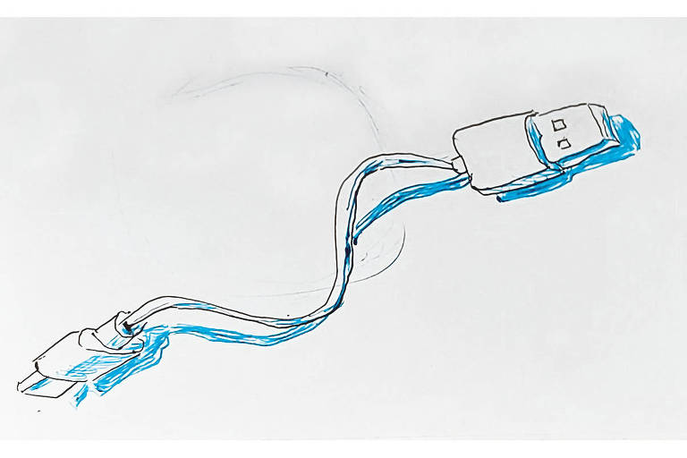 Ilustração feita com caneta preta e sombras em azul de um cabo USP com duas pontas. O fundo é o papel branco.