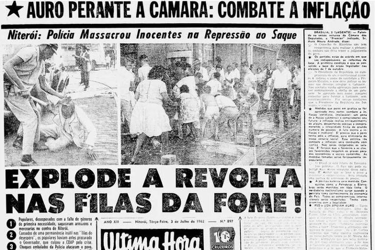Imagem de reprodução mostra uma página de jornal com a manchete: "Explode a revolta nas filas da fome"