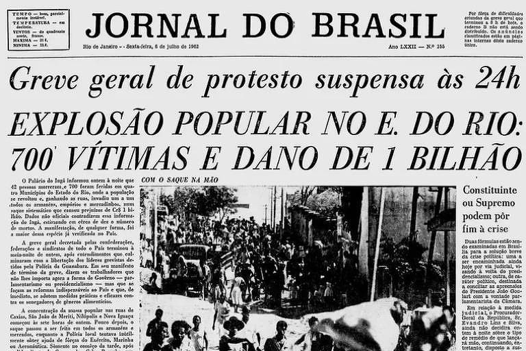 Imagem de reprodução mostra uma página de jornal com a manchete: "Greve geral de protesto suspenssa às 24h. Explosão popular no E. do Rio: 700 vítimas e dano de 1 bilhão"