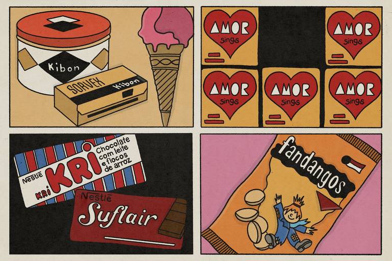 Quadrado dividido em 4, com desenhos retrô de alguns produtos da década de 80: Paçoca Amor, sorvete Kibon (o antigo vinha embalado em tijolo de papelão ou lata redonda), chocolates Kri (nome antigo do Crunch) e Suflair, e Fandangos