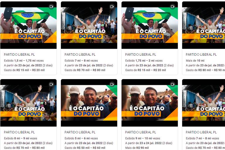 Trechos do jingle "O Capitão do Povo", da campanha de Jair Bolsonaro; PL é o partido que mais investe em propaganda no YouTube