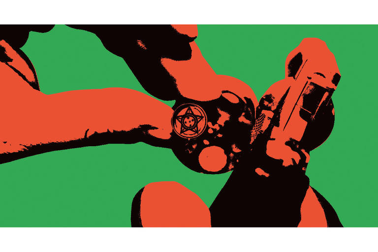 A Ilustração mostra uma mão vista de cima, carregando o pente de balas de um revólver 38. no verso do bala está gravado o brasão da república federativa do brasil