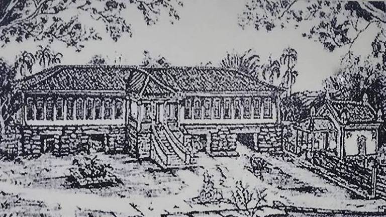desenho em preto e branco mostra uma grande fazenda rural