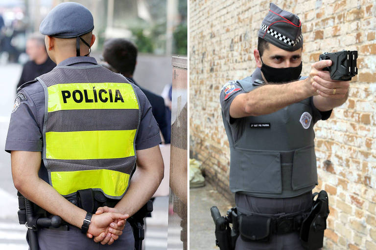 Policial usa a nova boina em patrulhamento na rua (esq.); agente usa o antigo bibico durante demonstração de equipamento  