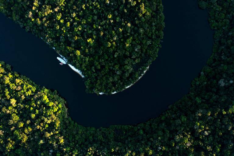 Imagem aérea mostra Rio cortando a Floresta Amazônica