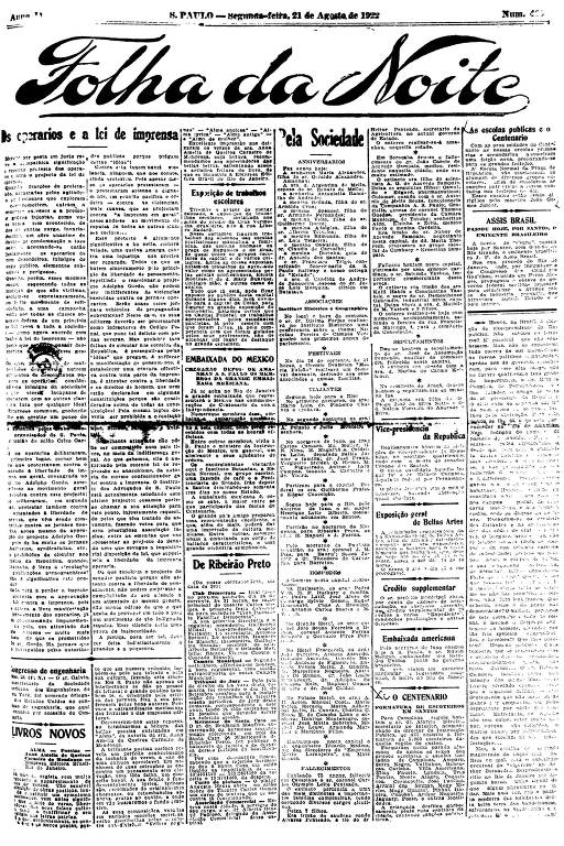 Primeira Página da Folha da Noite de 21 de agosto de 1922