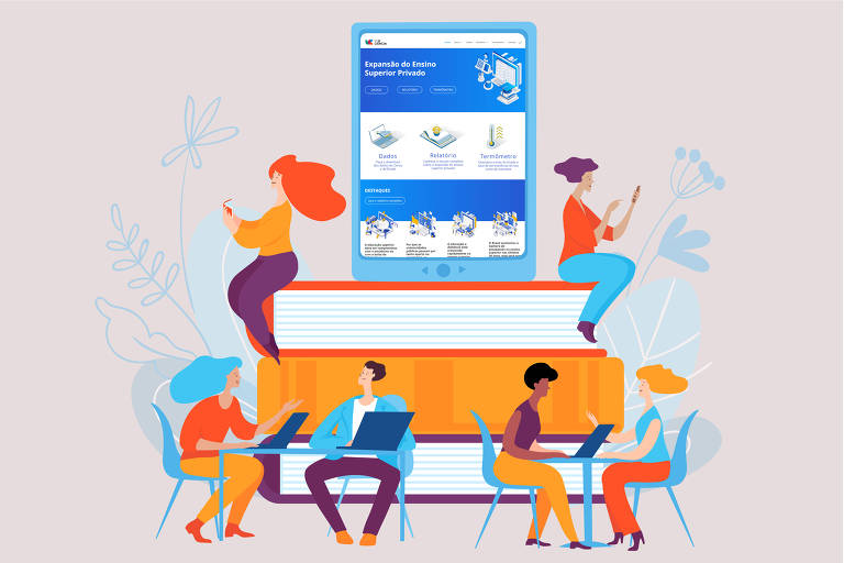 Ilustração com seis pessoas acessando uma plataforma online. As informações são referente ao novo Painel do SoU_Ciência com dados e análises sobre a recente Expansão do Ensino Superior Privado.