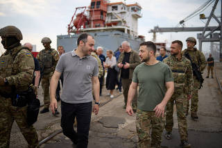 Ukraine's President Zelenskiy and  Minister of Infrastructure Kubrakov visit sea port before restarting grain export in Odesa