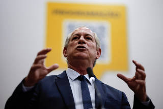 Presidential candidate Ciro Gomes gestures during an annual meeting of the Brazilian scientific community in Brasilia