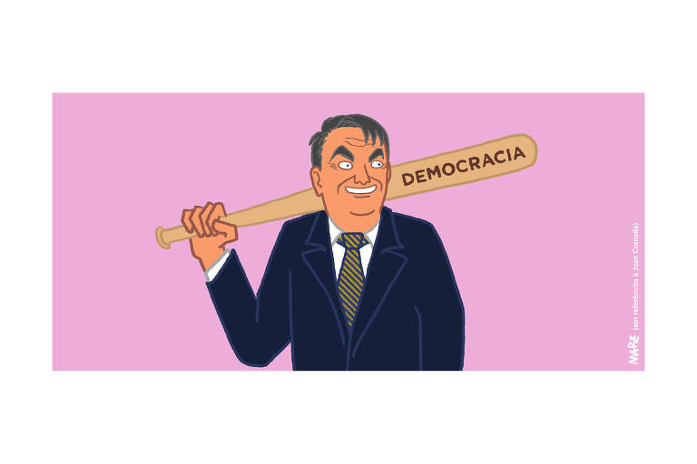 A charge faz referência ao trabalho do cartunista e ilustrador Joan Cornellà e mostra o presidente Jair Bolsonaro segurando um taco de beisebol onde está escrito "democracia".