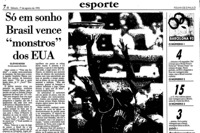 Folha de S.Paulo noticia partida entre Brasil e Estados Unidos, o "Dream Team", no torneio masculino de basquete dos Jogos Olímpicos de 1992, em Barcelona