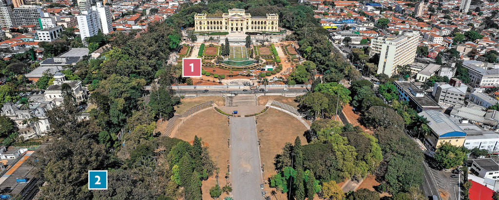 Foto aérea colorida do Museu do Ipiranga com indicação do local exato em que o regente Pedro proclamou a Independência